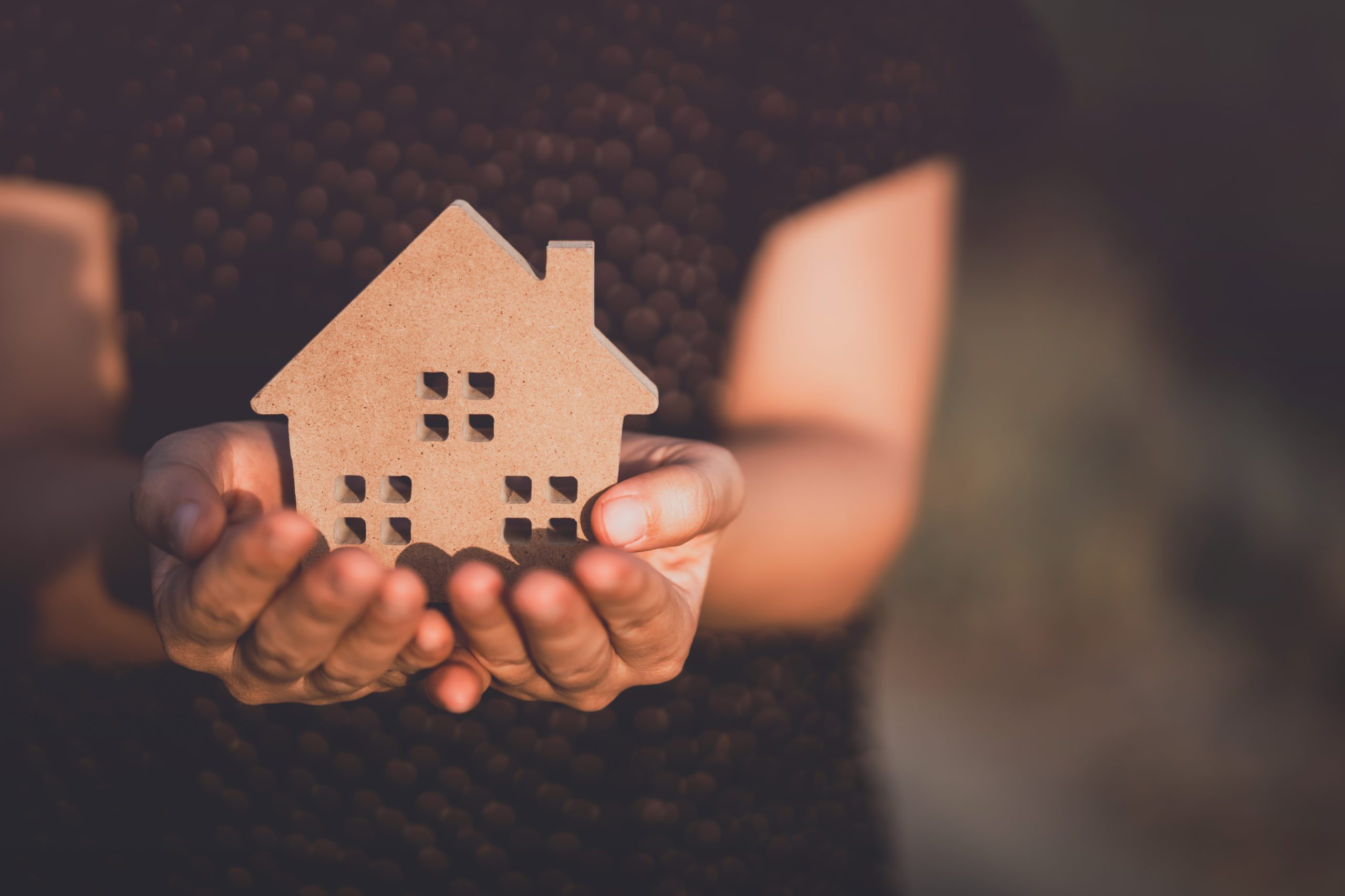 Close up of woman's hands holding a wooden model of a house