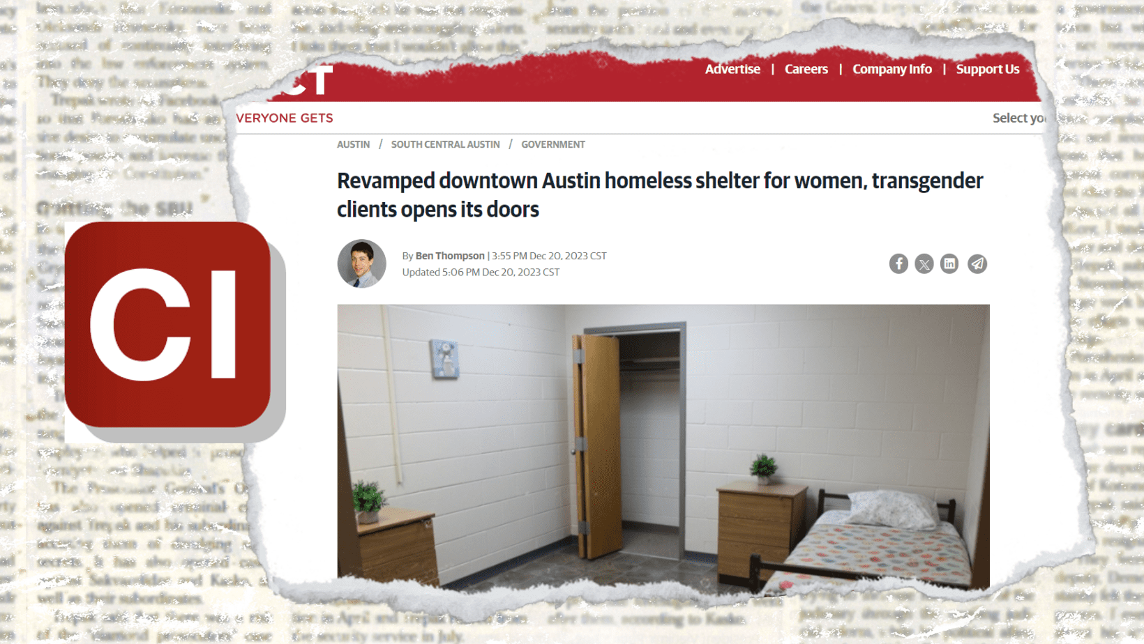 Newsprint background with Community Impact logo and screenshot of article with the headline "Revamped downtown Austin homeless shelter for women, transgender clients opens its doors"
