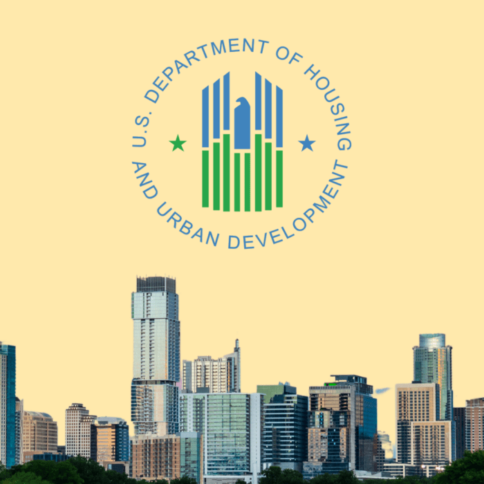 City of Austin skyline on pale yellow background with HUD logo