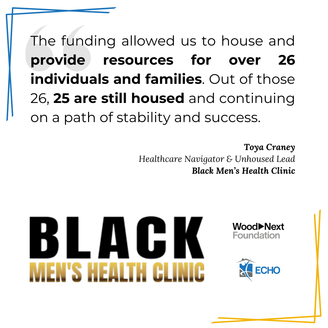 White background with yellow and blue lines in corners, logos of Black Men's Health Clinic, ECHO, and the WoodNext Foundation, and text that says: "The funding allowed us to house and provide resources for over 26 individuals and families. Out of those 26, 25 are still housed and continuing on a path of stability and success. Toya Craney