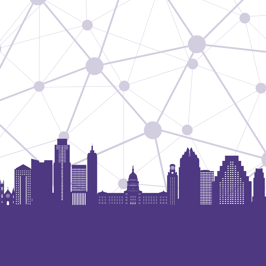 Silhouette of Austin skyline in purple with lines connecting dots on a white sky