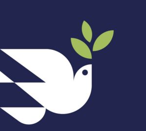 Illustration of stylized white bird holding green leaves in its beak on a blue background