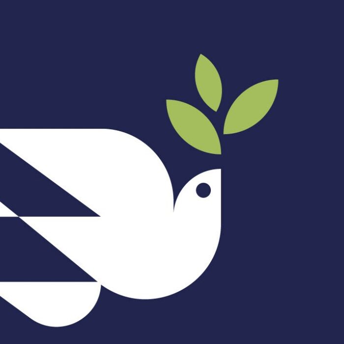 Illustration of stylized white bird holding green leaves in its beak on a blue background